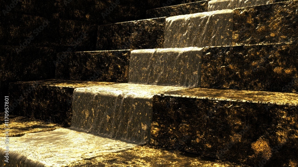 Poster water cascading down stone steps, creating a tranquil scene.