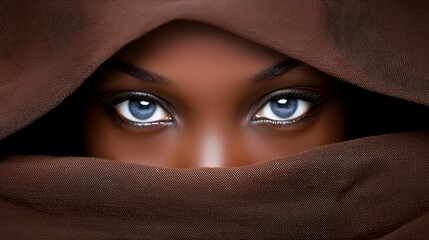 Fototapeta premium A woman with blue eyes peeking out from behind a brown veil