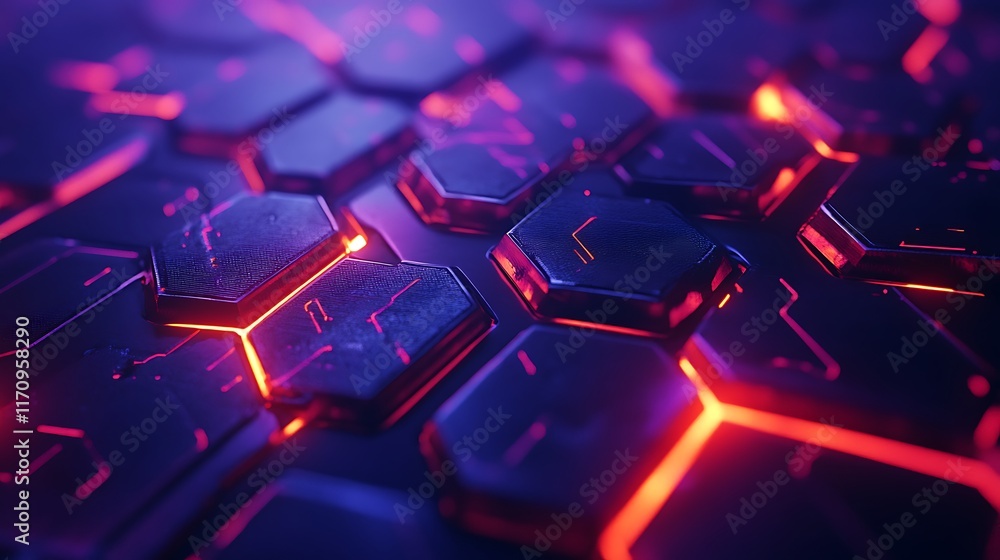 Poster abstract hexagonal pattern with neon red and blue lights