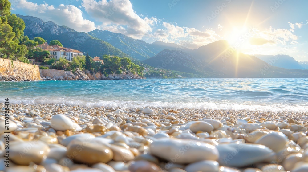 Poster A view of a beach with pebbles on the shore of the water