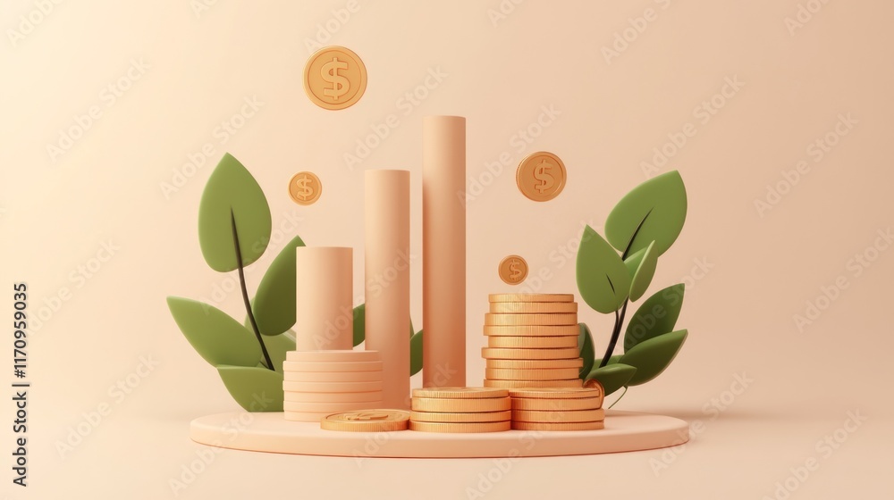 Poster 3d render of growing money stacks and columns with leaves on pastel background.