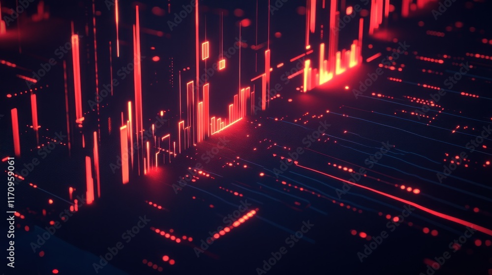 Poster abstract red glowing lines and data streams forming a futuristic city landscape.