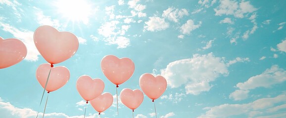 Pink heart-shaped balloons floating in a sunny sky.
