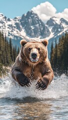 Obraz premium A bear splashes through water with mountains in the background, showcasing wildlife in nature.