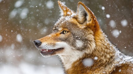 Obraz premium A close-up of a coyote in a snowy landscape, highlighting its fur and expression.