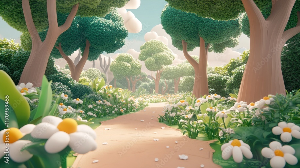 Poster sunlit path through a whimsical cartoon forest with daisies.