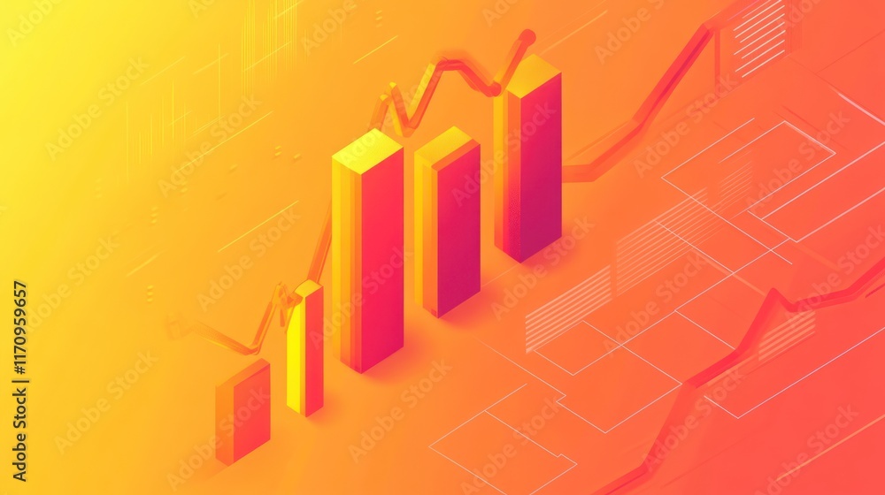 Poster 3D isometric bar chart graph showing upward trend on orange background.