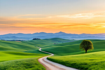Obraz premium Scenic sunset landscape with winding path and lone tree rolling hills nature photography tranquil environment wide view