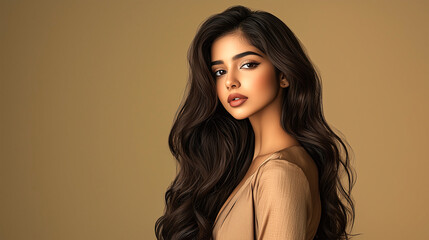Naklejka premium Studio shot of an Indian woman showcasing her long dark brown wavy hair