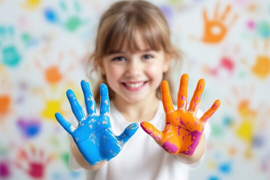 Smiling child holding up paint-covered blue and orange hands, colorful handprints in the background, joyful and creative concept. Ai generative