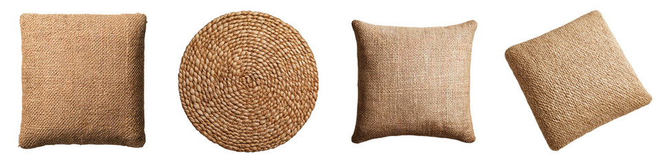 A collection of neutral toned textured decorative throw pillows artfully arranged on a cozy sofa or couch creating a warm and welcoming ambiance for a living room or home interior