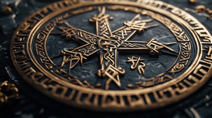 Ornate, golden, circular emblem, detailed carvings on dark stone background.