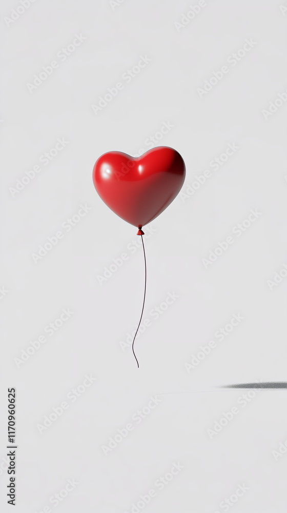 Poster red heart balloon floating on a white background with a soft, realistic shadow underneath, creating 