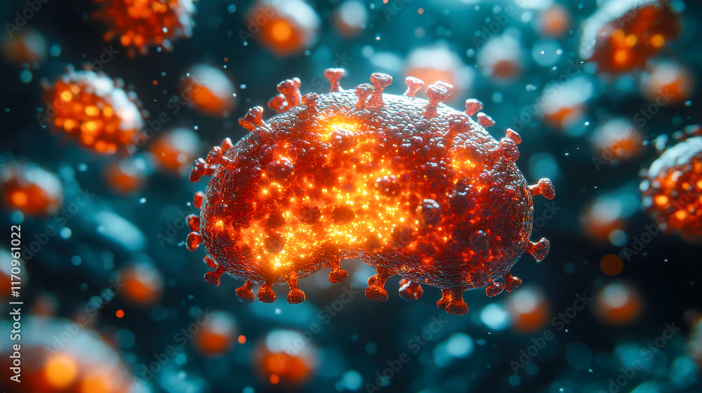 Poster a glowing microscopic virus particle with vibrant colors and intricate details, representing a scien