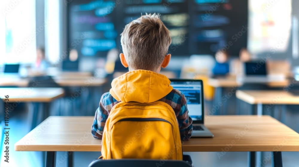 Poster child engages with computer in modern classroom setting focused on technology and learning