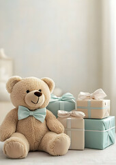 Gifted teddy bear with wrapped presents cozy home setting still life soft lighting whimsical concept for celebrations