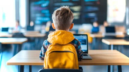 Child engages with computer in modern classroom setting focused on technology and learning