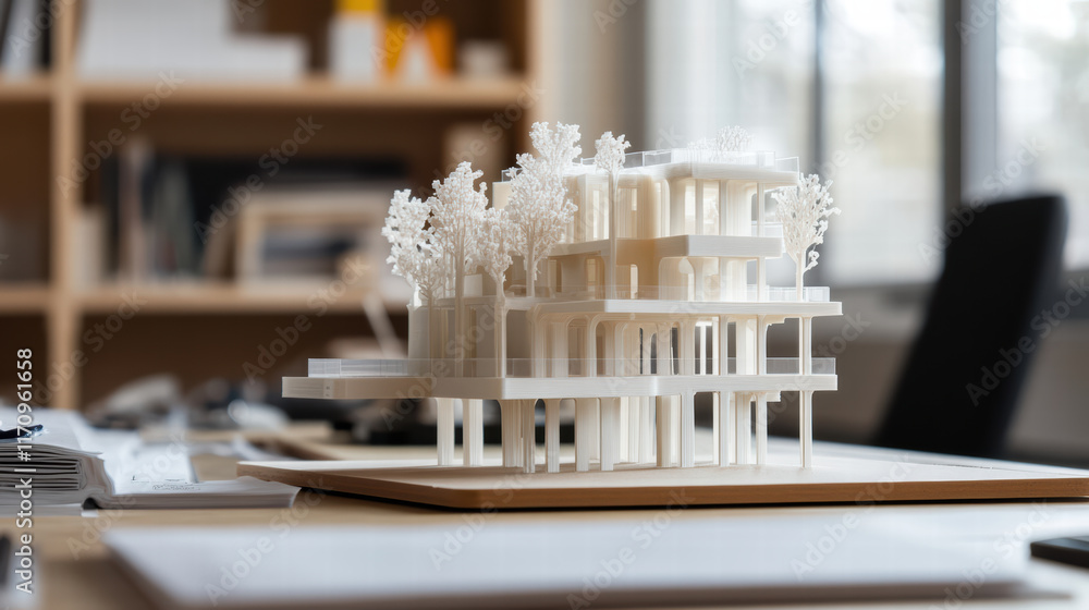 Poster 3d printed architectural model on desk, showcasing intricate design and greenery. this modern struct