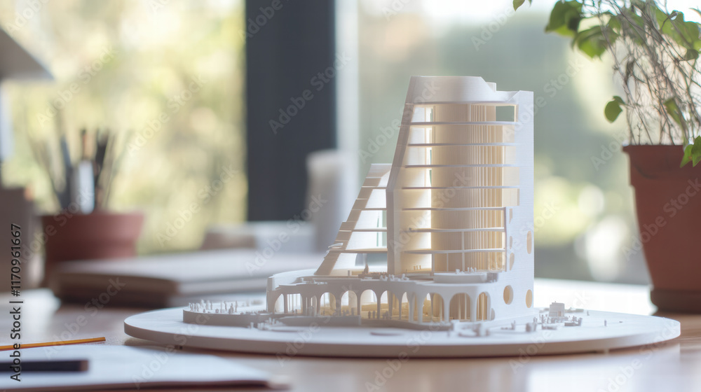 Poster 3d printed architectural model on desk, showcasing modern design elements and intricate details. mod