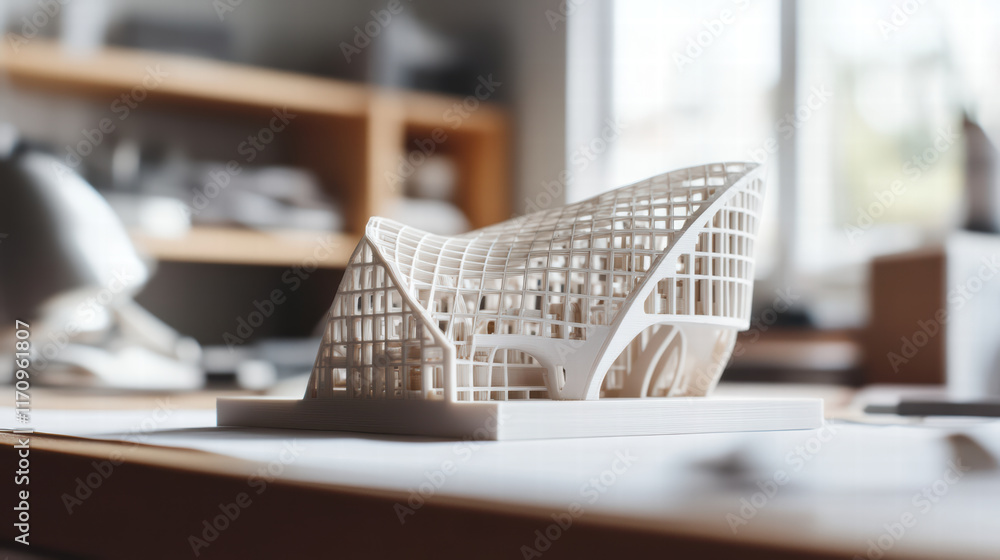 Poster 3d printed architectural model on desk, showcasing intricate design and modern aesthetics. this mode