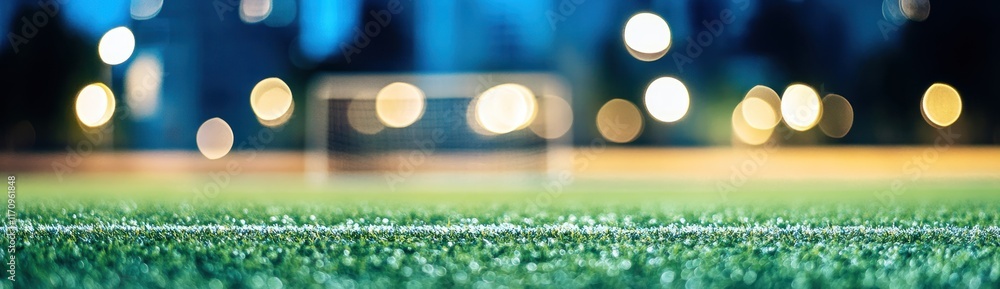Poster close-up of artificial turf with blurred nighttime stadium background.
