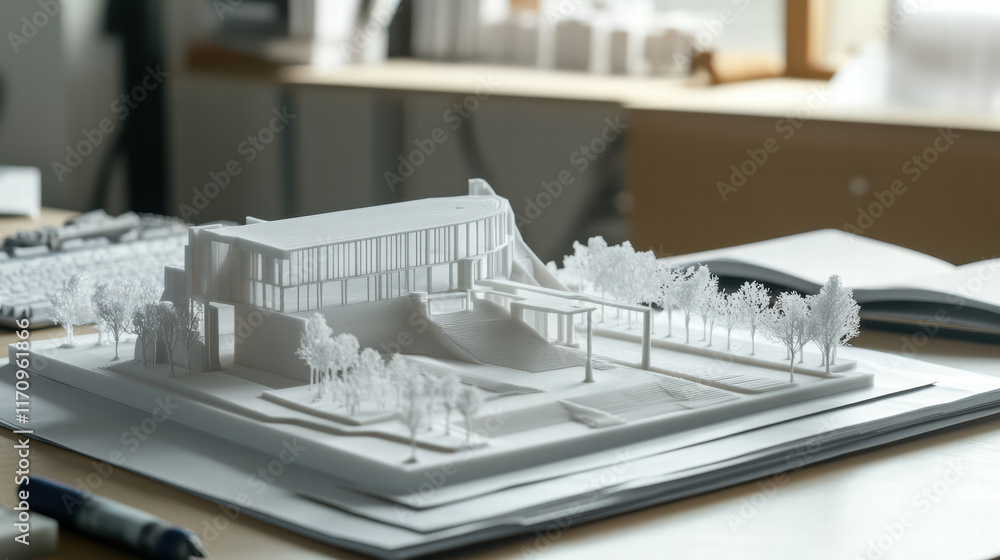 Aufkleber detailed 3d printed architectural model on desk, showcasing modern design with trees and pathways. w