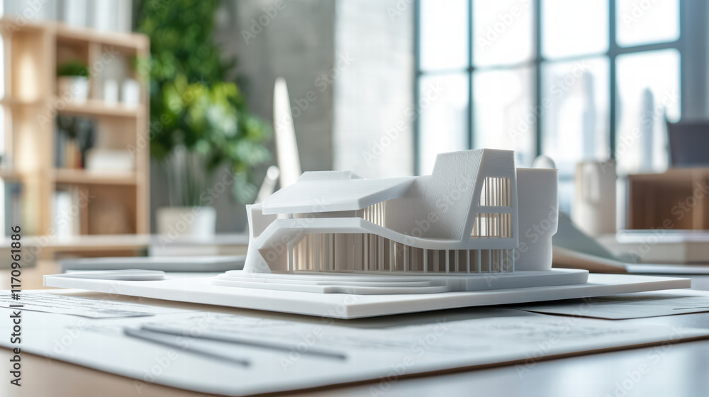 Poster detailed 3d printed architectural model on desk, showcasing modern design elements and intricate fea