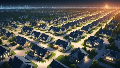 Suburban Neighborhood At Night City Skyline View