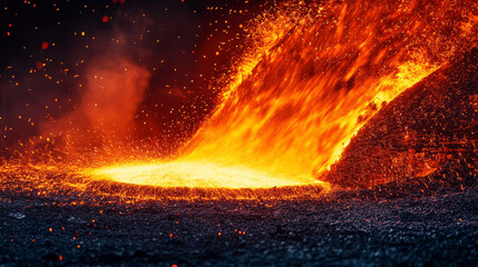 Fototapeta premium Intense molten metal flows from steel mill, creating fiery spectacle