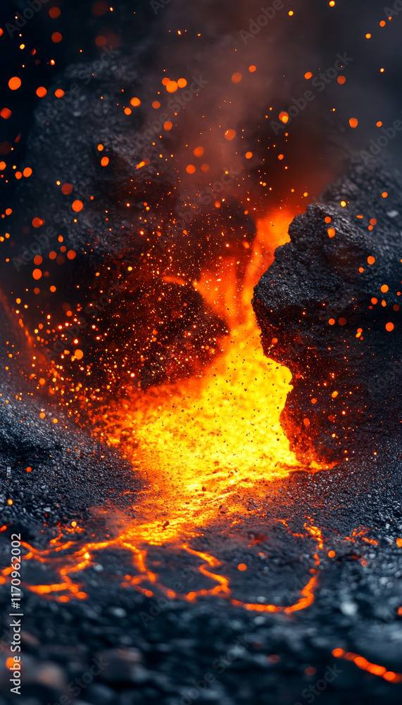 Poster lava flows from volcanic eruption, creating fiery and dynamic scene