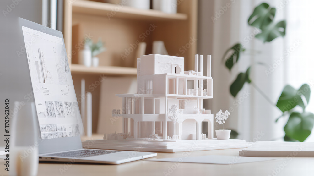 Poster 3d printed architectural model on desk, showcasing modern design elements and laptop displaying arch