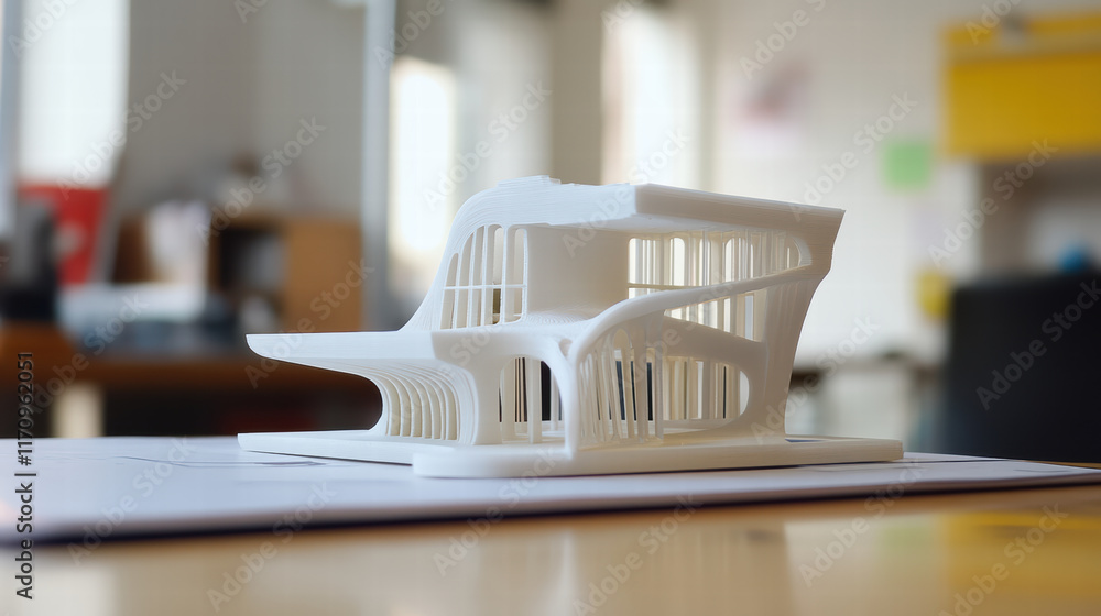 Poster 3d printed architectural model on desk, showcasing intricate design and modern aesthetics. this mode
