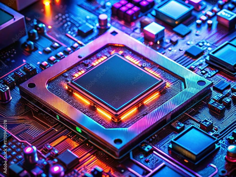 Poster macro close-up of computer processor with neon led lights - technological hardware memory detail