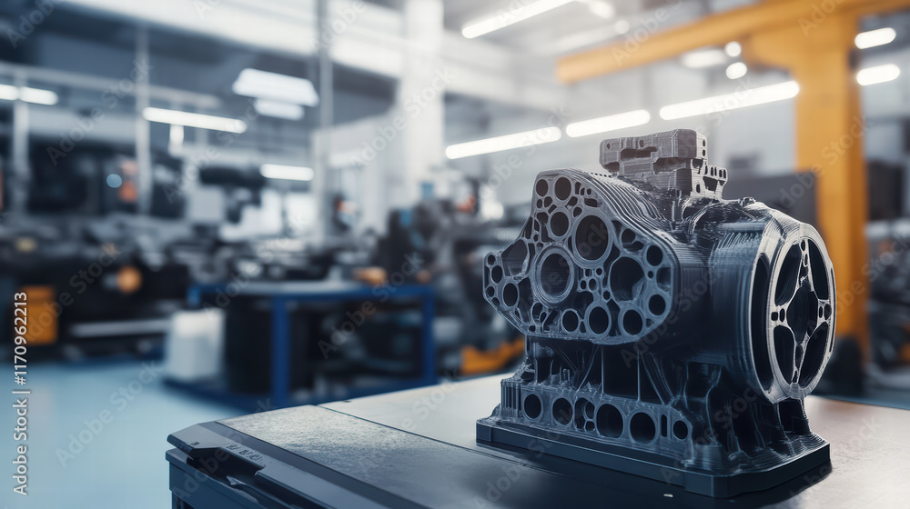 Poster 3d printed automotive part displayed in workshop, showcasing intricate design and modern manufacturi