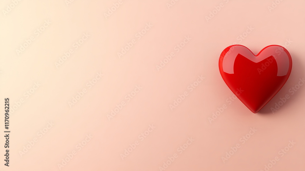 Poster single red heart shape centered on a light pink background with soft shadows, leaving ample space ar