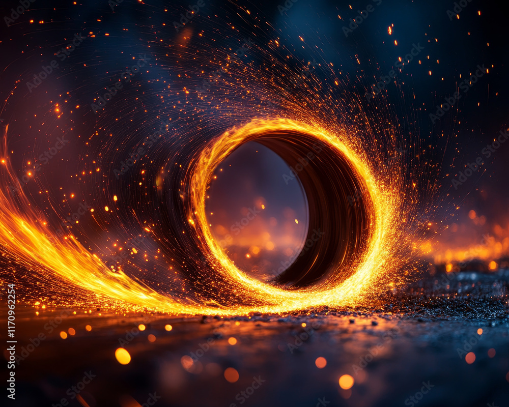 Poster mesmerizing display of molten metal flowing in circular motion, creating sparks and light