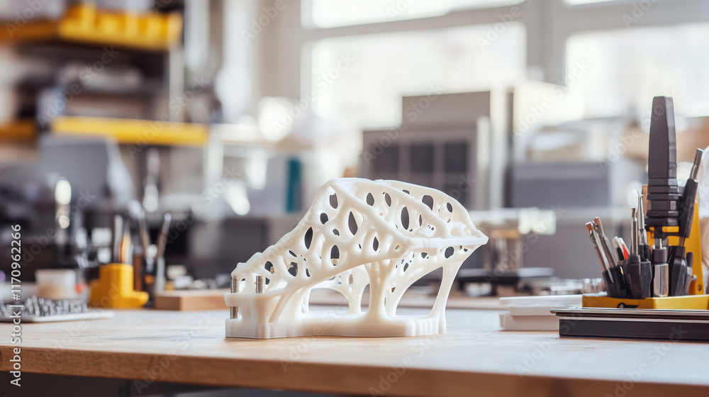 Poster 3d printed automotive part displayed in workshop, showcasing intricate design and modern technology.
