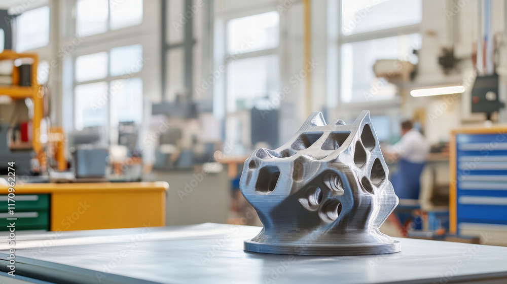 Poster 3d printed automotive part displayed in workshop, showcasing intricate design and modern manufacturi