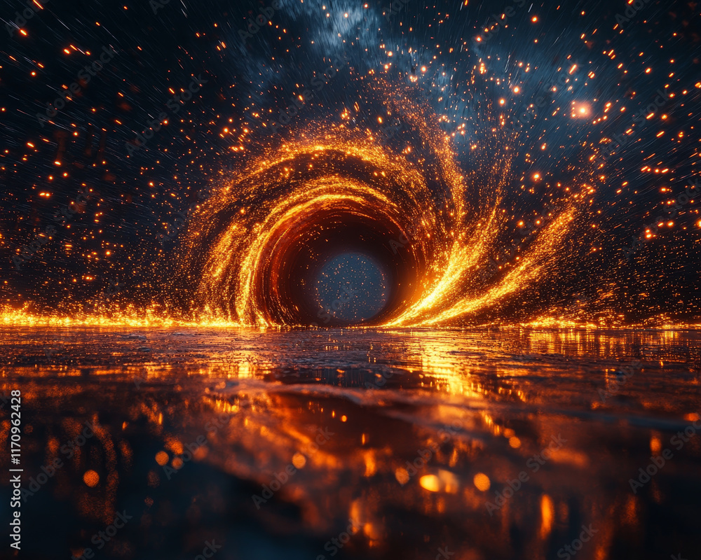 Poster mesmerizing cosmic vortex with glowing particles and reflections