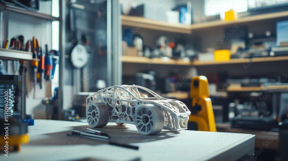 Poster 3d printed automotive part displayed in workshop, showcasing intricate design and engineering. works