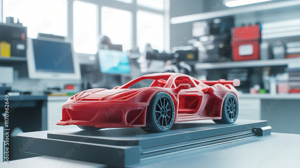 Aufkleber 3d printed automotive part displayed in workshop, showcasing intricate design and vibrant red color.