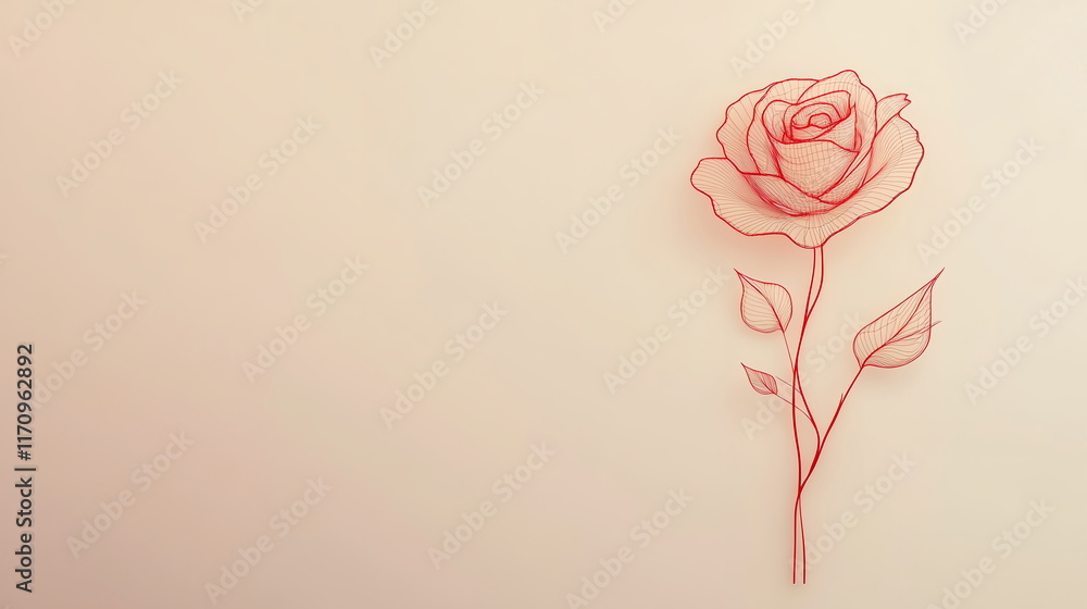 Aufkleber thin red line drawing of a rose, centered on a light beige background, creating an elegant and simpl