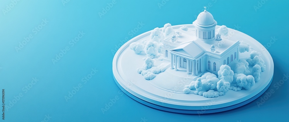 Poster miniature white building model with trees on a round base, set against a light blue background.