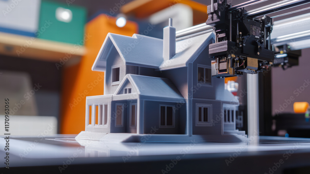 Poster 3d printer creating detailed model of house, showcasing its capabilities and precision in design. in
