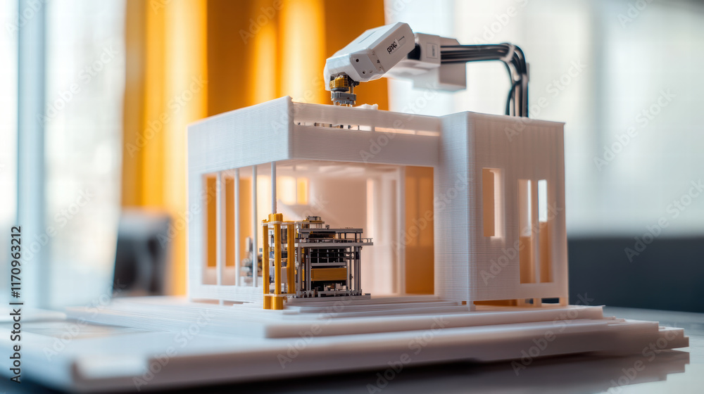 Poster 3d printer showcasing its speed in constructing miniature house model, highlighting advanced technol