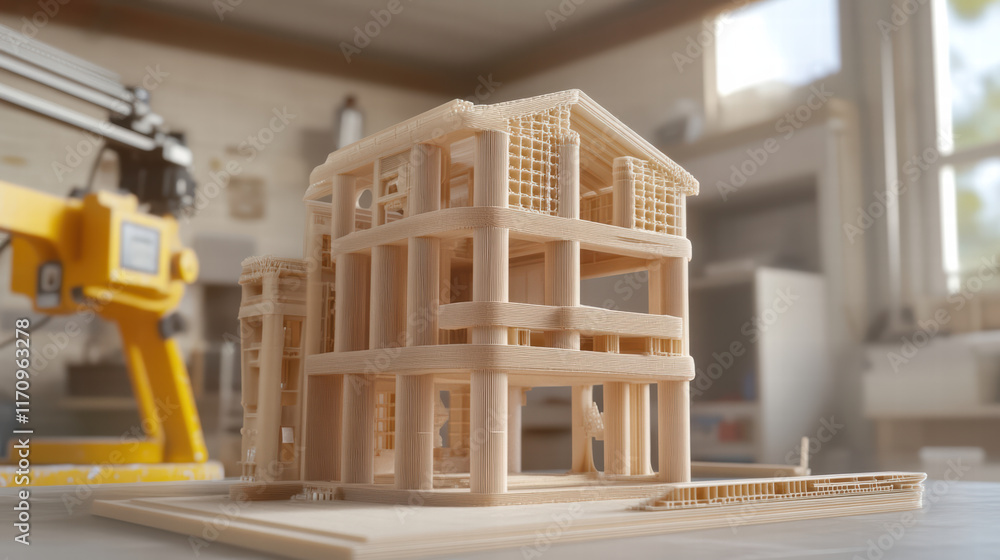 Poster detailed 3d printed model of house showcasing intricate design and structure, demonstrating advanced
