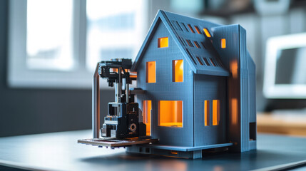 Fototapeta premium 3D printer building model house, showcasing speed and innovation in construction technology. illuminated windows highlight intricate design and modern approach to home building
