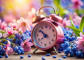 Macro Close-up of Pink Alarm Clock with Delicate Bluebells - Springtime Still Life
