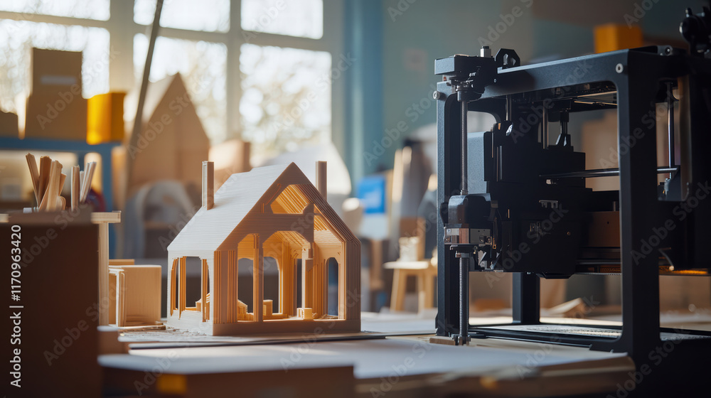 Aufkleber 3d printer in workshop creating wooden models and designs, showcasing creativity and craftsmanship. 