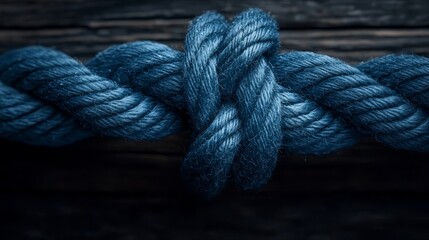 Fototapeta premium A blue rope tied in a knot on a wooden surface